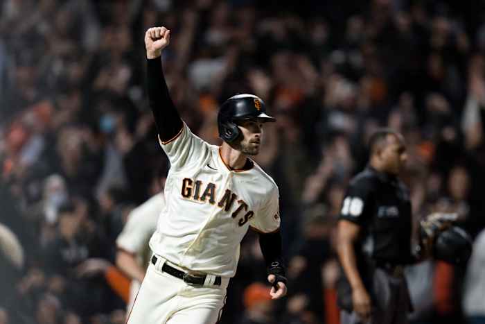 SF Giants outfielder Steven Duggar celebrates after a walk-off win.